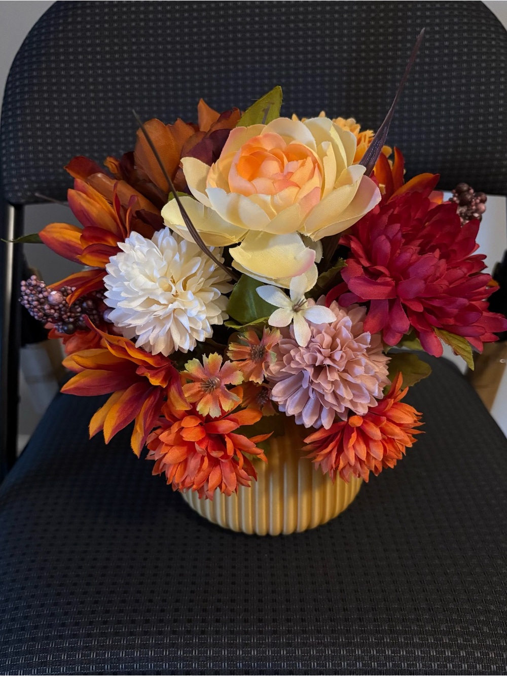 Fall Floral Centerpiece in Yellow Ribbed Vase